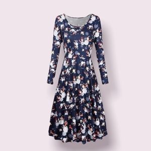 Faddare A Line Knee Length Long Sleeve Navy Snowmen Holiday Dress